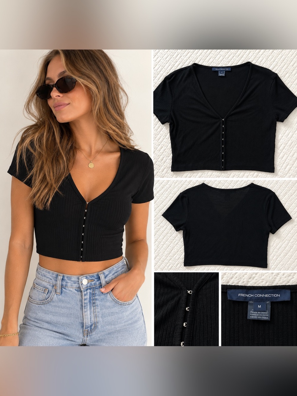 French Connection Black Ribbed Hook & Eye Crop Top Size Medium